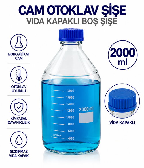 Cam Otoklav Şişe 2000 ml - Vida Kapaklı Boş Şişe