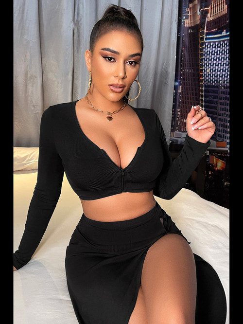 Fantezia Night Kadın Siyah Uzun Kol Göğüs ve Göbek Dekolteli Fermuarlı Crop Top Bluz