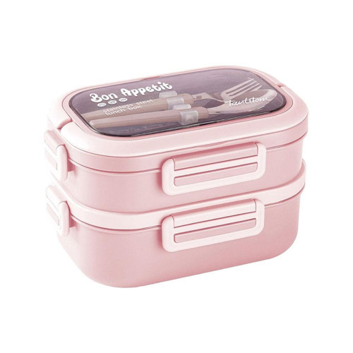 Pembe Paslanmaz Çelik 2 Katlı Çatal ve Kaşıklı Yemek Taşıma Kabı 1.65L