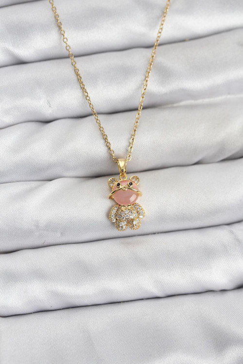 316L Çelik Zincir Renk Teddy Bear Model Zirkon Taşlı Kadın Kolye