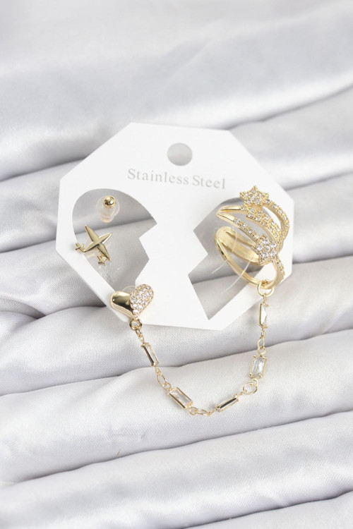 Kalp Yıldız Model Pirinç Renk Zincir Bağlantılı Ear Cuff Küpe Seti Diğer