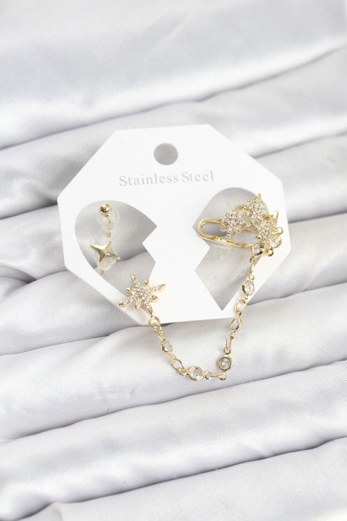 Kutup Yıldızı Model Pirinç Renk Zincir Bağlantılı Ear Cuff Küpe Seti Diğer