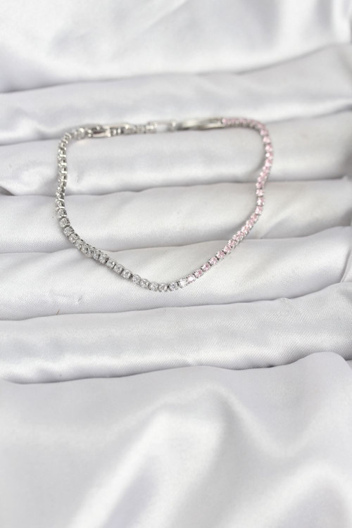 Pembe ve Beyaz Zirkon Taşlı Gümüş Renk Su Yolu Kadın Bileklik