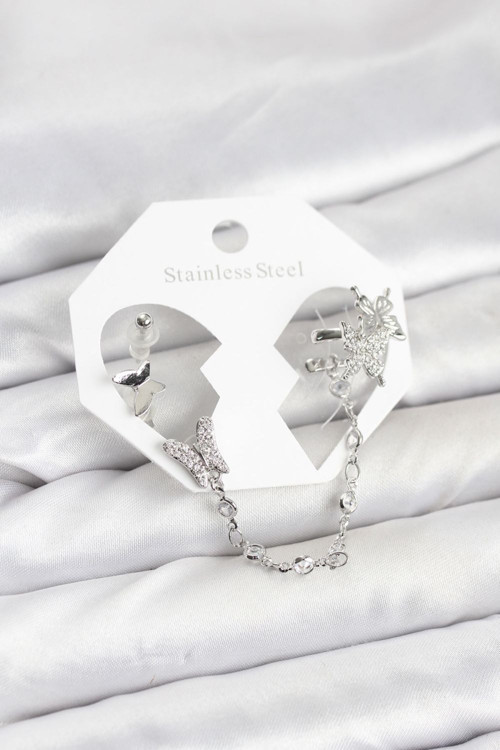 Pirinç Gümüş Renk Kelebek Model Zincir Bağlantılı Ear Cuff Küpe Seti Diğer