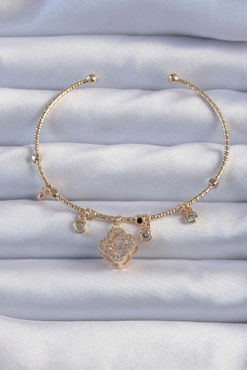 Bileklik Pirinç Renk Zirkon Taşlı Yonca Model Charm Diğer
