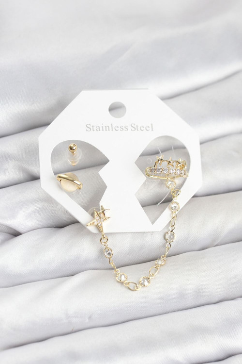 Pirinç Renk Uzay Model Zincir Bağlantılı Ear Cuff Küpe Seti Diğer