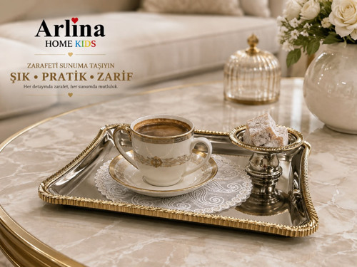 Premium Gümüş Tepsi Gold Detay Metal Sunum Seti