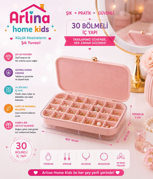 30 Bölmeli Pembe Takı Kutusu Düzenleyici Seyahat Çantası Kolye Yüzük Küpe Organizer 18cmx12,5cm