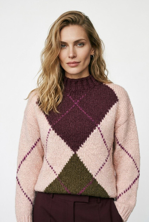 Kadın Argyle Desenli Triko Oversize Kazak Uzun