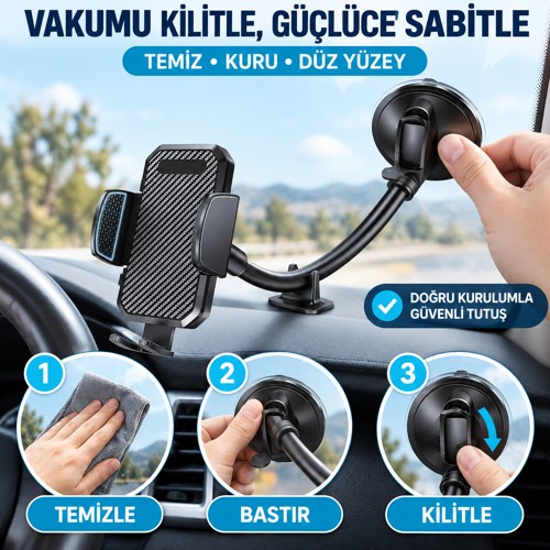 HP-A06 30 cm Uzun Boyunlu Vakumlu Araç İçi Telefon Tutucu – 360° Döner Başlık