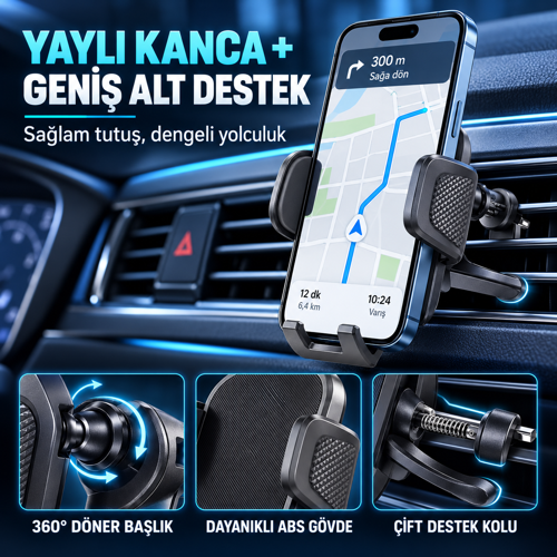 HP-A08 Kancalı Havalandırma Izgara Araç İçi Telefon Tutucu 360° Döner Otomatik Sıkıştırmalı