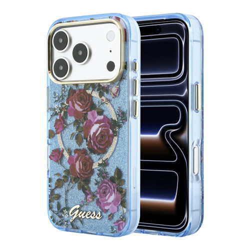 İphone 18 Pro Uyumlu Kılıf Lisanslı M-Safeli Gül Desenli Simli Yazı Logolu Kapak Açık Mavi