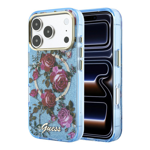 İphone 18 Pro Max Uyumlu Kılıf Lisanslı M-Safeli Gül Desenli Simli Yazı Logolu Kapak Açık Mavi