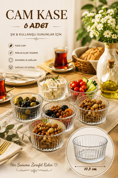 13992 Vanes Asya 6'lı 200 ml Çizgili Cam Çerezlik, Reçellik & Kahvaltılık Kase