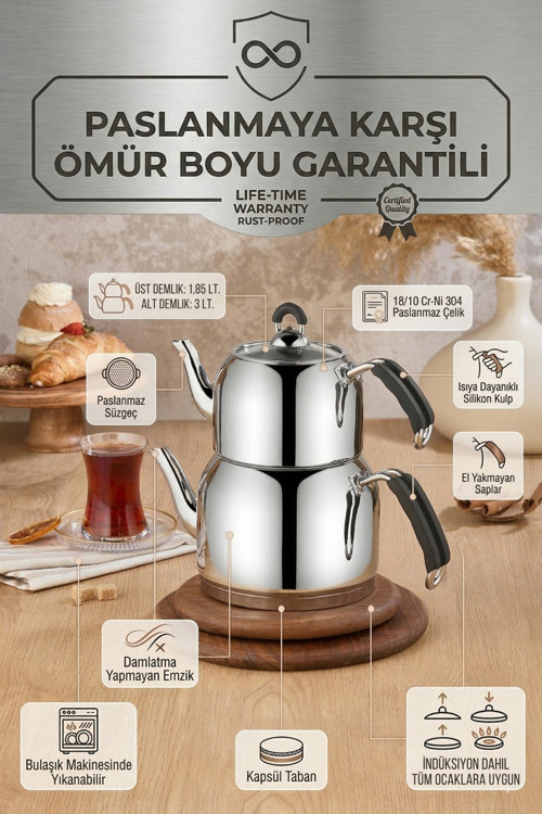 Lotus Mega Boy Paslanmaz Çelik Çaydanlık 4,85 Lt (1,85+3Lt) Süzgeçli