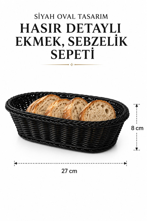Siyah Oval Tasarım Hasır Detaylı Ekmek, Sebzelik Sepeti 27x 8 cm