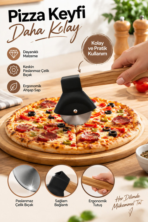 1566-1 Ahşap Saplı Hamur Börek Kesme Bıçağı Pizza Kesici Dilimleyici Rulet