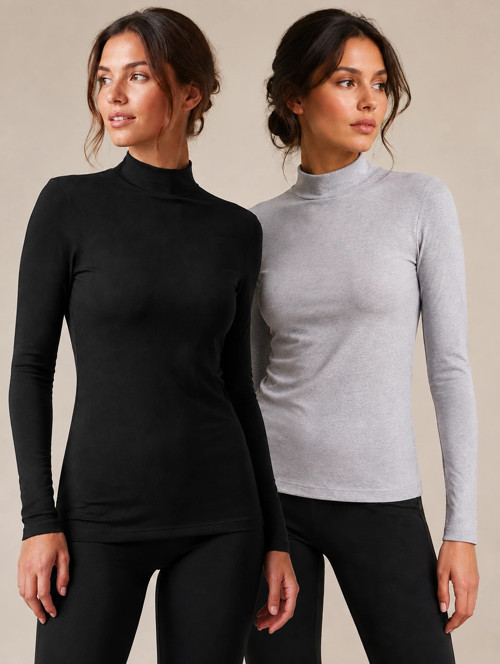 Kadın Siyah-Gri 2’li Paket Yarım Balıkçı Yaka Uzun Kollu Basic Body