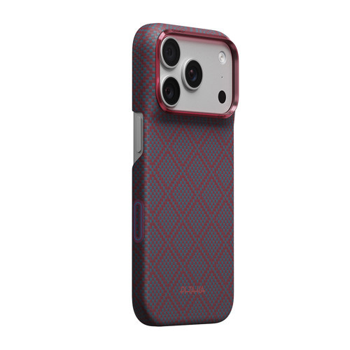 İphone 18 Pro Uyumlu Kılıf M-Safe Şarj Özellikli Aramid Karbon Fiber Argyle Kapak Mavi-Kırmız