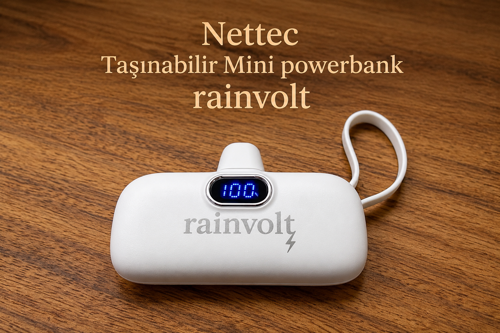 Rainvolt Mini Kapsül Powerbank – LED Dijital Göstergeli & Dahili Kablolu Taşınabilir Şarj Cihazı