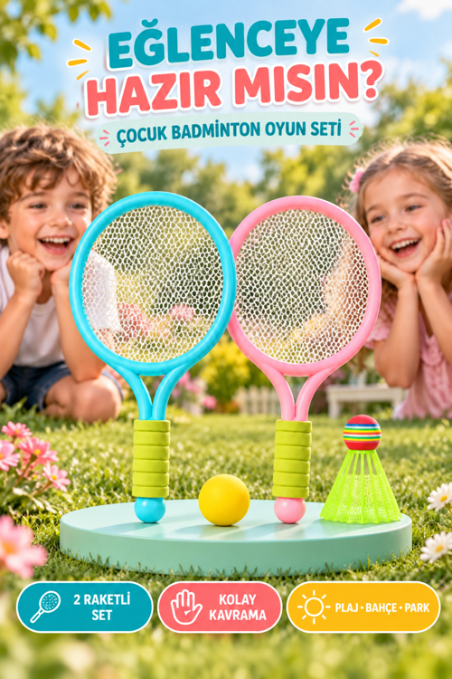 Çocuk Badminton Tenis Seti 2 Raketli Toplu Plaj Bahçe Park Açık Hava Oyunu Spor ve Aktivite Oyuncağı