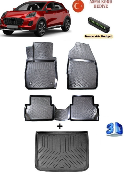 Ford Puma 2019 Sonrası Uyumlu 3D Havuzlu Paspas ve ÜST Bagaj Havuzu Seti ASMA KOKU VE NUMARATÖR HEDİYELİ