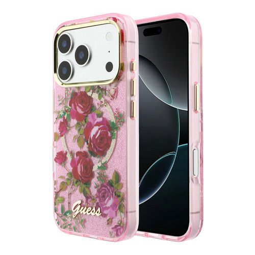 İphone 18 Pro Uyumlu Kılıf Lisanslı M-Safeli Gül Desenli Simli Yazı Logolu Kapak Pembe