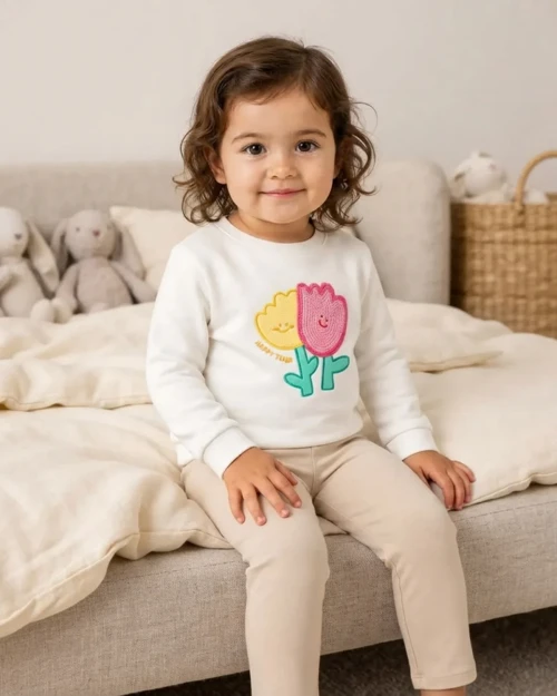 Kız Bebek Latte Renkli Fluffy Lale Motifli Sweatshirt