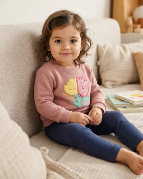 Kız Bebek Pembe Fluffy Tulip Baskılı Sweatshirt Rahat Kesim