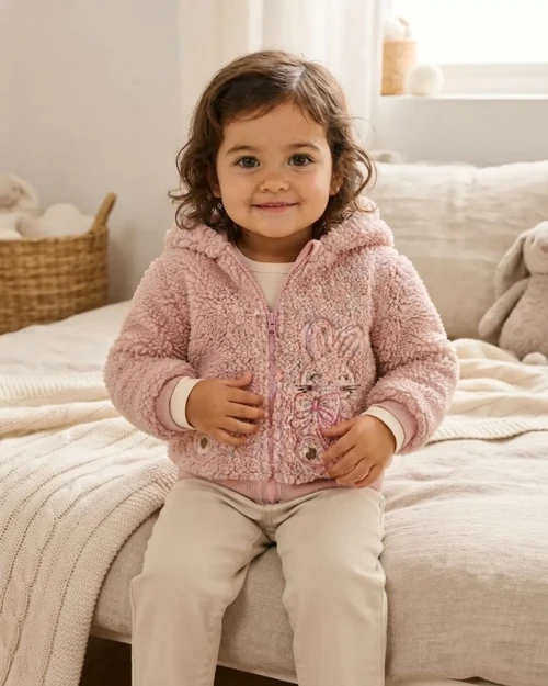 Pembe Tavşan Detaylı Kız Bebek Kuzu Polar Hırka