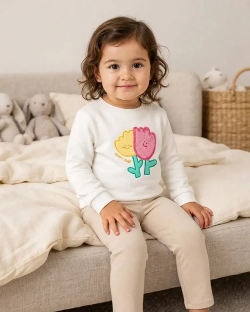 Kız Bebek Latte Renkli Fluffy Lale Motifli Sweatshirt