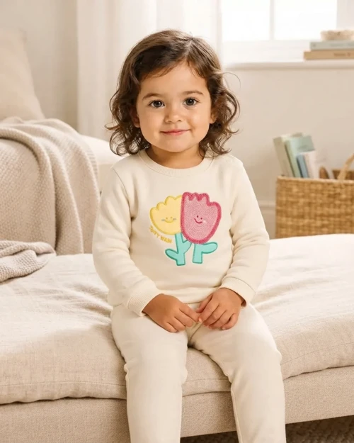 Yeşil Tonlu Çiçek Baskılı Kız Bebek Sweatshirt Rahat Kalıp – Ekru