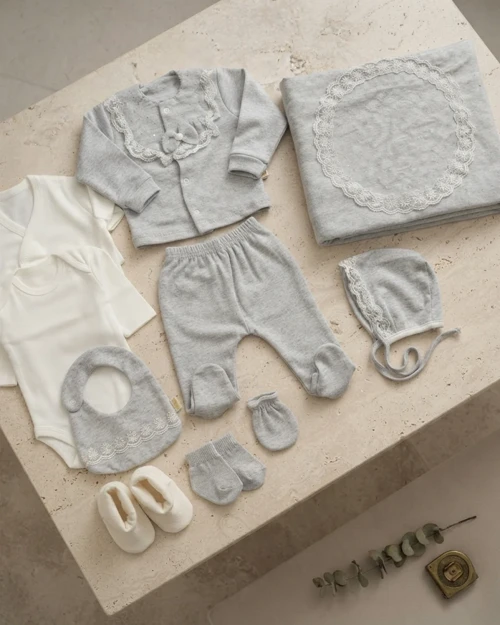 Unisex Gri Kadife Fiyonklu 10 Parça Bebek Zıbın Takımı Kışlık Set