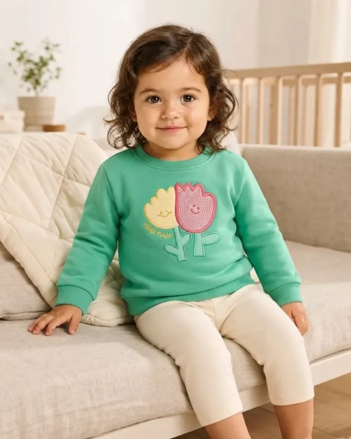 Kız Bebek Gülen Lale Desenli Pembe Sweatshirt Rahat ve Şık