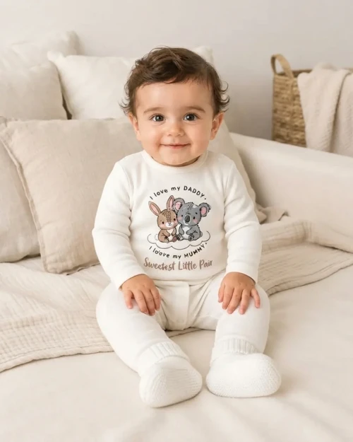 Unisex Bebek Koala ve Tavşan Baskılı Body Pantolon Takımı