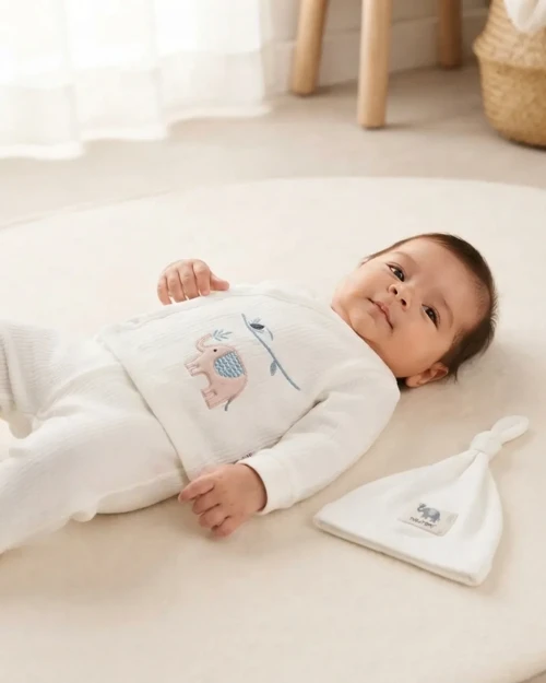 Unisex Fil Nakışlı Eldivenli Şapkalı Bebek Takımı – Beyaz