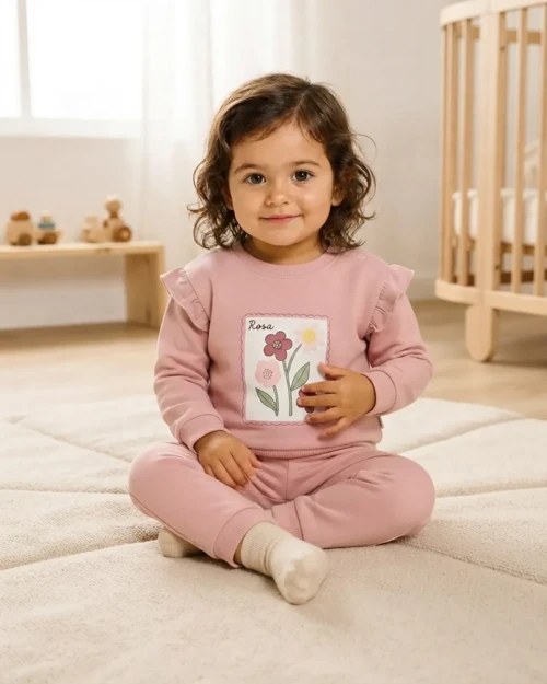 Kız Bebek Pudra Çiçek Baskılı Fırfır Detaylı Takım – 2 Parça