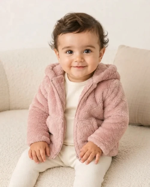 Kız Bebek Pudra Pembe Peluş Kapüşonlu Fermuarlı Hırka