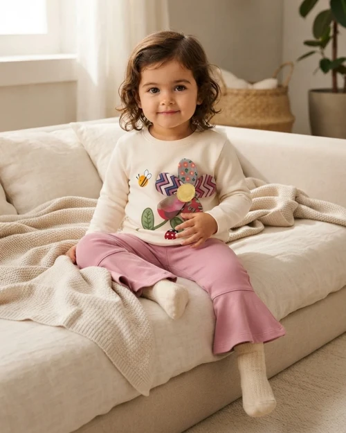 Kız Bebek 3D Çiçek Aplikeli Sweatshirt ve İspanyol Paça Pantolon