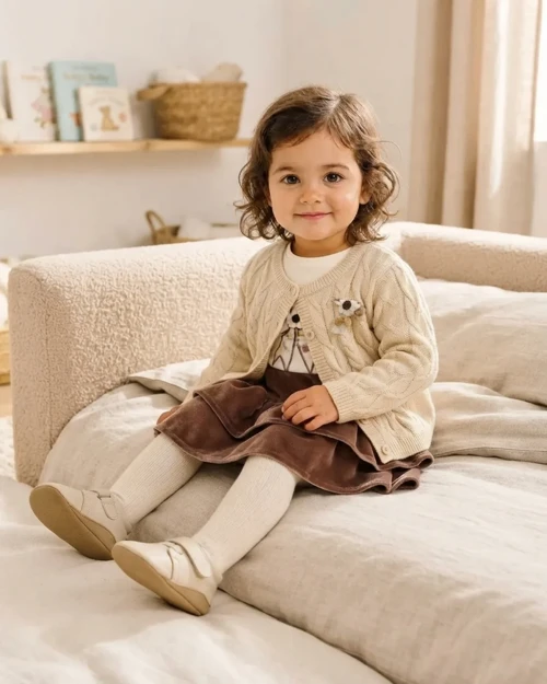 Konforlu ve Şık Krem Triko Hırkalı Kız Bebek Takımı – Bej