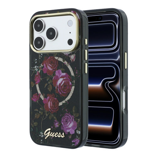 İphone 18 Pro Uyumlu Kılıf Lisanslı M-Safeli Gül Desenli Simli Yazı Logolu Kapak Siyah