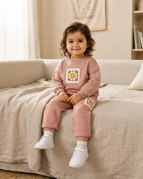 Papatya Nakışlı Latte Renk Kız Bebek İkili Takım Rahat ve Şık