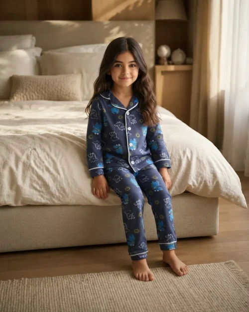 Mavi Dinosaur Baskılı Pamuklu Kız Çocuk Pijama Takımı Mevsimlik