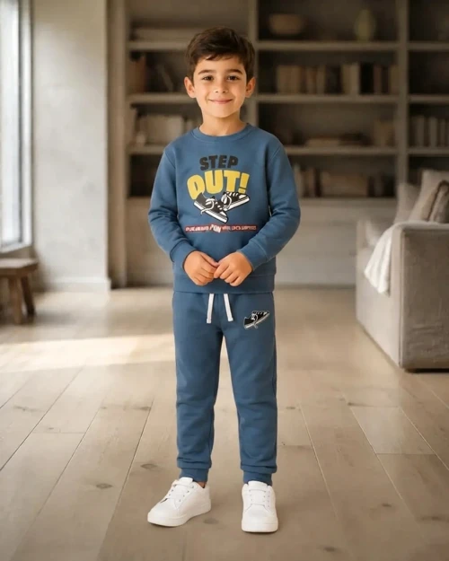 Erkek Çocuk Mavi Siyah Step Out Baskılı İkili Takım Rahat Kalıp