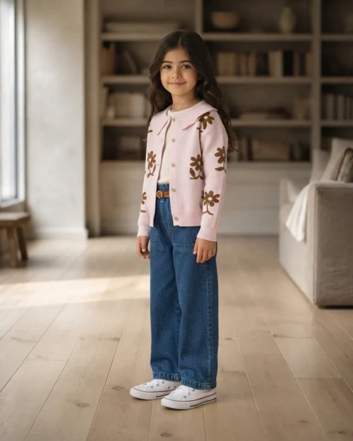 Pembe Çiçek Desenli Kız Çocuk Triko Hırka Casual Rahat Kesim