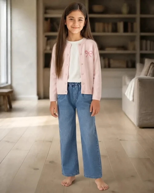 Kız Çocuk Pembe Kurdele Nakışlı Triko Hırka ve Jean Takım