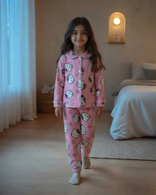 Kız Çocuk Pembe Hello Kitty Baskılı Önden Düğmeli Pijama Takımı