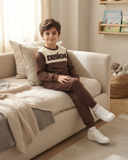 Kahverengi Design Baskılı 3 İp Şardonlu Erkek Takım