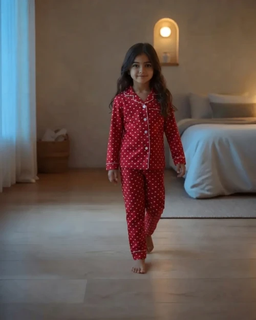 Kız Çocuk Kırmızı Kalp Desenli Önden Düğmeli Pijama Takımı – 2