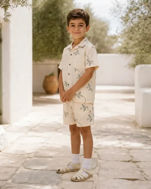 Erkek Çocuk Siyah Desenli Keten İkili Gömlekli Takım